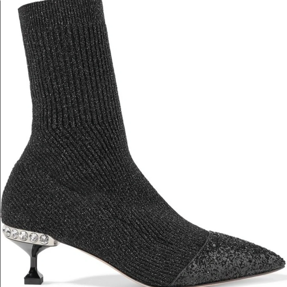 Miu Miu Black Glitter Sock Ankle Boots with Jeweled Heel